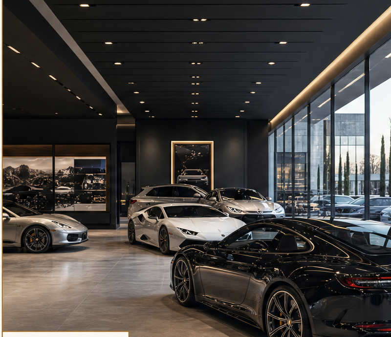 Luxury car showroom with recessed lighting, wired by No Limit Electric