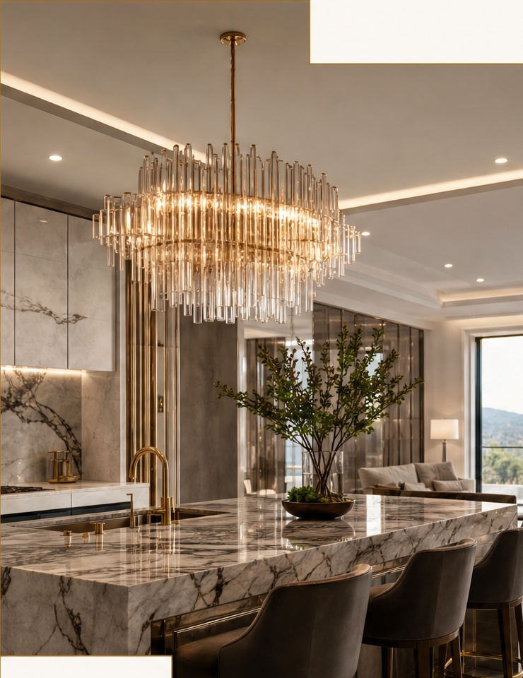 Marble kitchen island under a crystal chandelier, wired by No Limit Electric